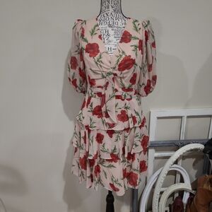 Floral Pink DressNWT Aqua Women SZ 2 Tiered Sheer Mini Party Dress Pink Red flir